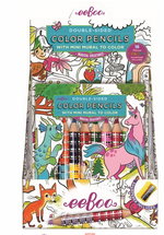 The Eeboo Mini Mural with Color Pencils features a unicorn, fox, and other magical creatures on its illustrated packaging and includes double-sided color pencils, a pencil sharpener, and a fold-out mural for creative fun.