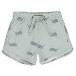 Rylee & Cru Baby Boys' & Boys' Swim Trunk in light gray features a drawstring waist and a playful whale print pattern on a white background.