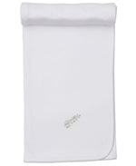 The Kissy Kissy Premier Elephant Esprit Blanket with Hand Emb. is a white Pima cotton baby blanket, neatly folded and featuring a small hand-embroidered design of two elephants near the center.