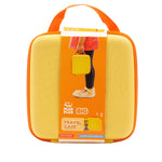 The Plus Plus BIG Travel Case is a yellow and orange STEM toy for ages 2+, featuring a handle and packaging that shows a child holding the case.