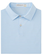 The Featherweight Payne Stripe Polo by Peter Millar features a folded light blue and white striped design, collar, and two buttons. Made with moisture-wicking performance fabric, it ensures cool comfort. Label reads "Peter Millar M.