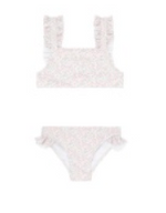 The Minnow Girls' Ruffle Strap Bikini in Antique Floral features a two-piece swimsuit design with a square-neck top, ruffled straps, adjustable back tie, and charming ruffled sides on the bottom.