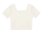 The Girls' Scallop Tee by Rylee & Cru is a white, ribbed, short-sleeve knit top with a cropped fit and wide square neckline, shown on a plain background.