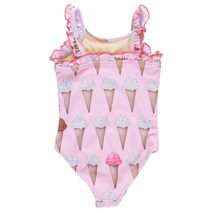 The Baby Girls' Claire Suit by Pink Chicken is an adorable pink swimsuit with ruffled straps, showcasing a charming Neapolitan ice cream cone pattern, perfect for sunny pool days.