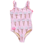 The Baby Girls' Claire Suit by Pink Chicken is a charming pink one-piece swimsuit featuring ruffled straps and playful Neapolitan ice cream cones, embodying the brand's whimsical style.
