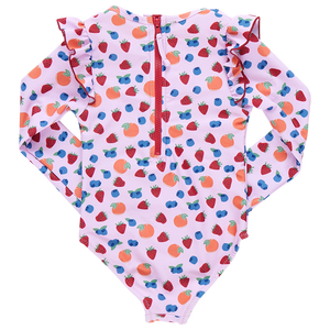 The Girls' Rachel Suit by Pink Chicken features long sleeves and ruffled shoulders adorned with vibrant patterns of strawberries, peaches, and blueberries, making it perfect for a splash of fun!.