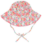The Baby Girls' Island Blossom Sun Hat by Minnow is a colorful cotton sun hat featuring a floral pattern, wide brim, and adjustable chin straps.