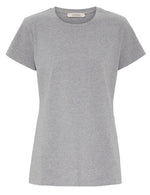 Dorothee Schumacher's All Time Favorites O-Neck Tee is a short-sleeve, gray crew-neck, crafted from soft cotton-jersey with a fitted silhouette for a sleek, modern look, showcased on a white background.