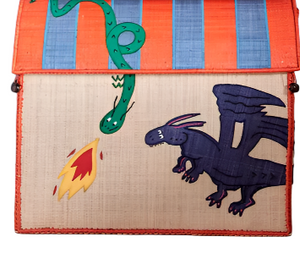 The Raffia Toy Basket by Rice boasts a unique design with a green snake and black dragon breathing fire on an orange and blue striped background, showcasing the intricate texture of handmade raffia for an exotic touch.