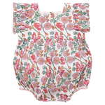 The Pink Chicken Baby Girls' Elsie Bubble is a short-sleeved romper adorned with pink floral patterns and green leaves on a white background.