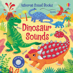 The "Dinosaur Sounds" children’s book by Harper Collins features a colorful cover with illustrated dinosaurs, set in a prehistoric landscape, and includes dinosaur noises like "Roar," "Growl," "Squawk," and "Swish.