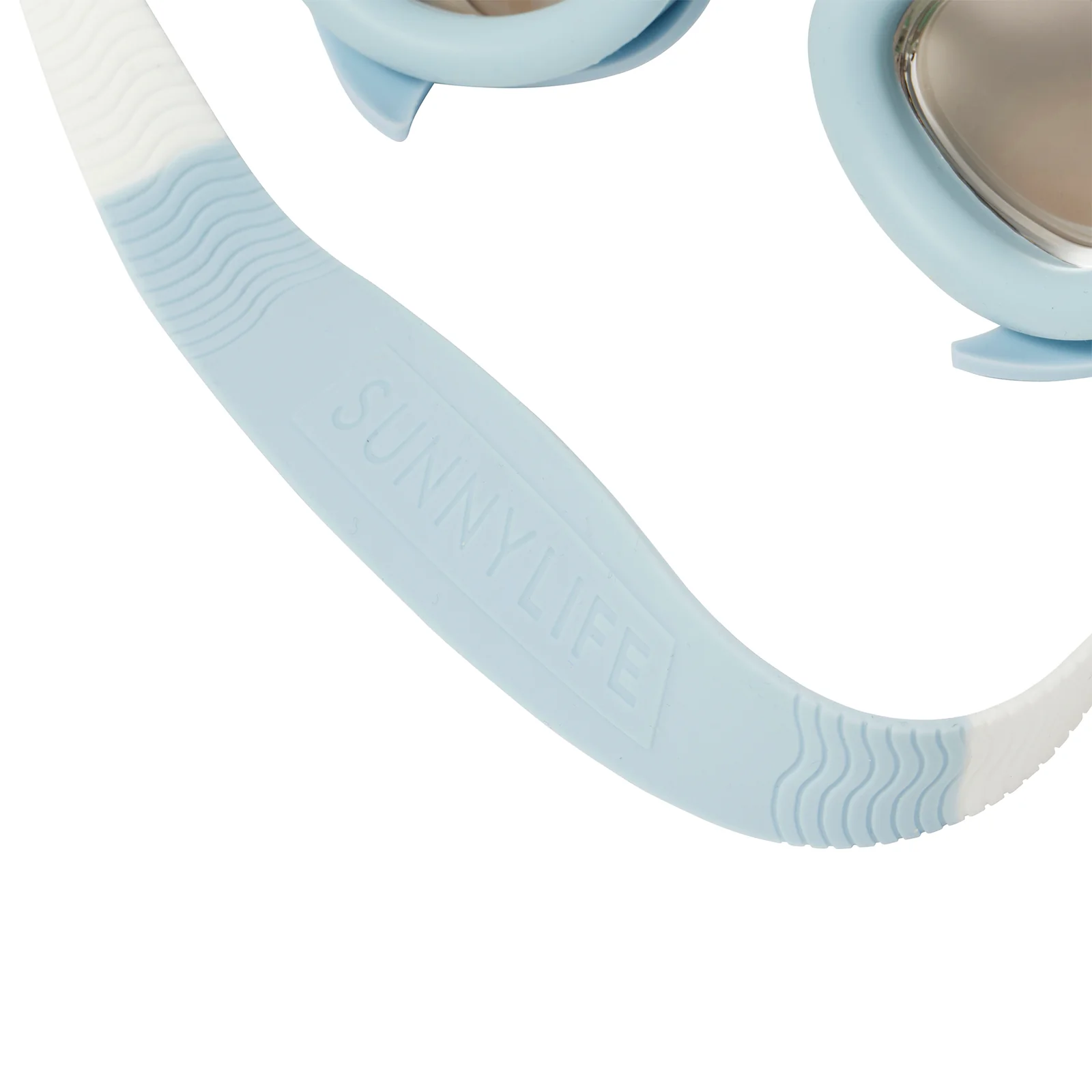 Close-up of a light blue and white adjustable silicone strap on the Sunnylife Salty Shark Mini Swim Goggles, featuring "SUNNYLIFE" embossed on it.