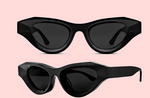 Two pairs of black, angular cat-eye Jaya Sunglasses by Thierry Lasry are displayed against a light pink background, shown from the front and side views.