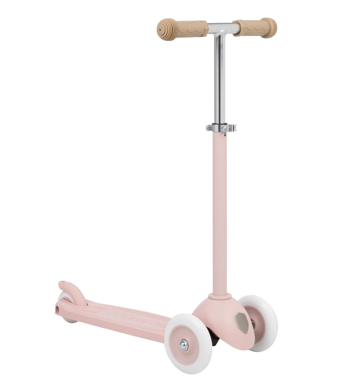 The Banwood Eco Scooter is a pink 3-wheel scooter from the Eco Collection, made with recycled plastic, featuring beige handlebars and white wheels, shown against a plain white background.