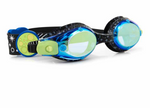 Bling2O Solar Swim Goggles feature blue and green colors with a celestial printed strap, star patterns, and a moon design—perfect for young space enthusiasts.