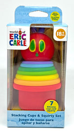 Kids Preferred Stacking Cups & Squirty Set for ages 18 months+, includes 7 colorful silicone cups inspired by The Very Hungry Caterpillar for interactive play.