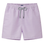 The Love Brand & Co. Staniel Swim Trunk in light purple features an elastic waistband and drawstring, made from 100% recycled fabric with a quick-dry design and subtle geometric pattern.