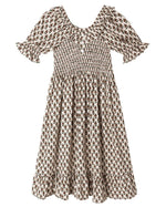 The Girls' Lexi Dress by Rylee & Cru is a white midi dress with brown floral print, short puffed sleeves with ruffles, an elastic smocked bodice, and a charming ruffled hem.