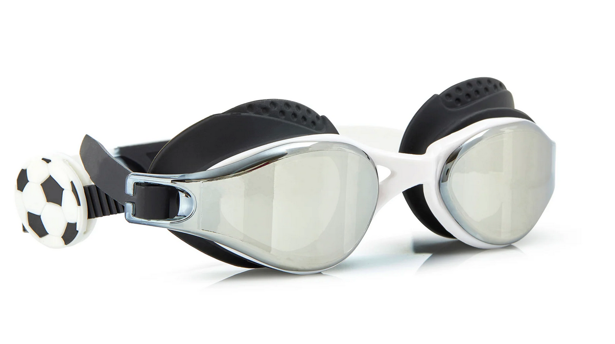 Bling2O Sports Stadium Goggles: black and white kids' swim goggles with reflective, anti-fog lenses and a fun soccer ball design on the strap adjustment for extra style.