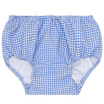 The Baby Sky Blue Gingham Diaper Cover by Minnow, ideal as a chic swim diaper cover, features an elastic waistband and leg openings, shown flat against a white background.