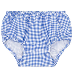 The Baby Sky Blue Gingham Diaper Cover by Minnow, ideal as a chic swim diaper cover, features an elastic waistband and leg openings, shown flat against a white background.