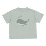 The Rylee & Cru Baby Boys' & Boys' Relaxed Tee is a light gray short-sleeve cotton jersey, featuring a smiling whale with water spout graphic—an everyday comfort basic in baby sizes.