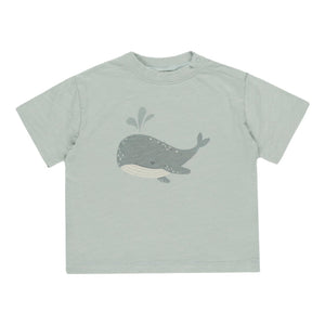 The Rylee & Cru Baby Boys' & Boys' Relaxed Tee is a light gray short-sleeve cotton jersey, featuring a smiling whale with water spout graphic—an everyday comfort basic in baby sizes.