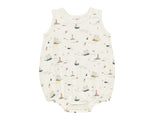 The Rylee & Cru Baby Boys' Bubble Onesie is made from soft cotton jersey, featuring a charming nautical print with ships, anchors, and lighthouses on a crisp white background.