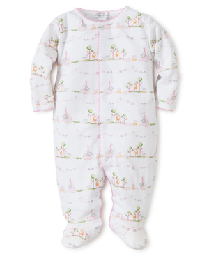 The Kissy Kissy Baby Noah’s Ark Footie is a soft Pima cotton white baby footie, decorated with a pastel animal and tree print. It includes pink trim and snap closures for easy dressing.