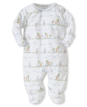 The Kissy Kissy Baby Noah’s Ark Footie is crafted from soft Pima cotton, featuring long sleeves and covered feet. Its whimsical design includes patterns of trees, hot air balloons, and clouds for your baby's comfort.