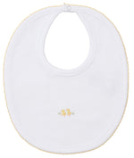 The Kissy Kissy Premier Baby Duckling Bib with Hand Emb. is made from white Pima cotton, featuring yellow trim and two embroidered yellow ducks at the center. A snap closure keeps your baby comfortable and protects from messes.