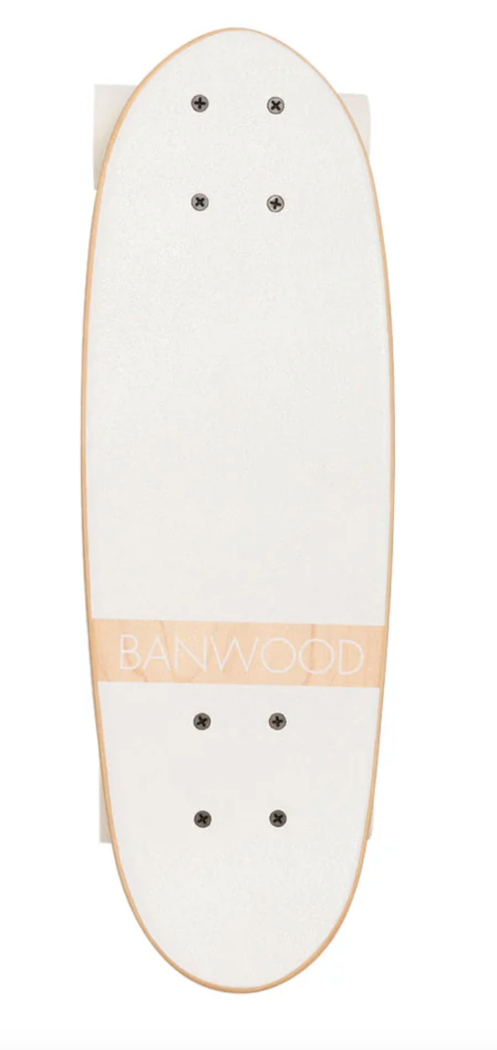 Aerial shot of a sleek white Banwood skateboard with wooden edges, crafted from Canadian Maple.