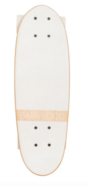 Aerial shot of a sleek white Banwood skateboard with wooden edges, crafted from Canadian Maple.