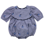 The Pink Chicken Baby Girls' Rowan Bubble, featuring puffed sleeves, floral print, blue blossom embroidery, and chest ruffle detail, is shown on a plain background.