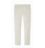 The Peter Millar eb66 Performance Five-Pocket Pant in beige, featuring four-way stretch, is shown laid flat on a white background.