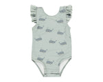 Rylee & Cru Baby Girls' & Girls' Scoop Back Onepiece: light green swimsuit with ruffled sleeves, gray whale print, and UPF 50+ sun protection.