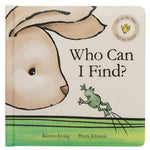 The "Who Can I Find Book" from Jellycat features a delightful story with a rabbit and frog illustration. It includes lift-up flaps to discover friends, authored by Kirsten Irving and Penny Johnson.