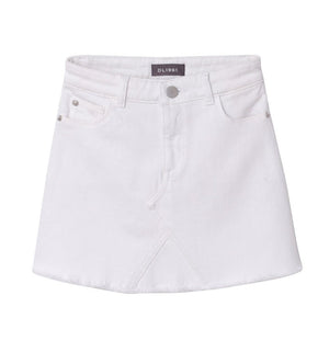 The Girls' Jenny Denim Mini Skirt from DL1961 features a classic cut with a front button closure, two front pockets, and visible seam detail. Its versatile length makes it ideal for pairing with any top to create a chic look.