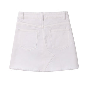 The DL1961 Girls' Jenny Denim Mini Skirt is a white, classic-cut denim piece with two back pockets, belt loops, a raw hem, and subtle seam design. Its versatile length makes it ideal for casual outings.