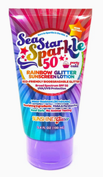 A 3.4 fl oz tube of Sunshine Glitter Sea Star Sparkle SPF 50 Sunscreen, eco-friendly, biodegradable glitter, water resistant, broad spectrum UVA/UVB protection, and Sunshine Glitter scent.