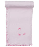 The Kissy Kissy Ready to Dance Striped Blanket features light pink stripes, ruffled edges, and ballet-themed embroidery—a dress, slippers, and a bow—at the center. Made from ultra-soft Pima cotton for cozy comfort.