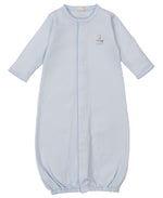 The Kissy Kissy Baby Premier Noah's Ark Convertible Gown with Hand Emb. is a light blue long-sleeve baby gown in soft Peruvian cotton, featuring an elastic hem and delicate hand-embroidered details on the chest.