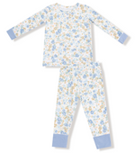 The Angel Dear Baby Long Sleeve Loungewear Set features a blue, yellow, and white floral print with solid blue cuffs, crafted from breathable fabric for cozy all-night comfort.