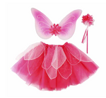 The Great Pretenders Fancy Flutter Skirt, Wings & Wand set includes a pink petal-layered tutu, glittery matching wings, and a wand topped with a silk flower and flowing ribbons—perfect for fairy dress-up.