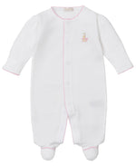 The Kissy Kissy Baby Premier Noah's Ark Footie with Hand Emb. is a soft Pima cotton white long-sleeve onesie featuring pink trim and delicate embroidered animal and sailboat details, perfect for fans of charming embroidered baby clothing.