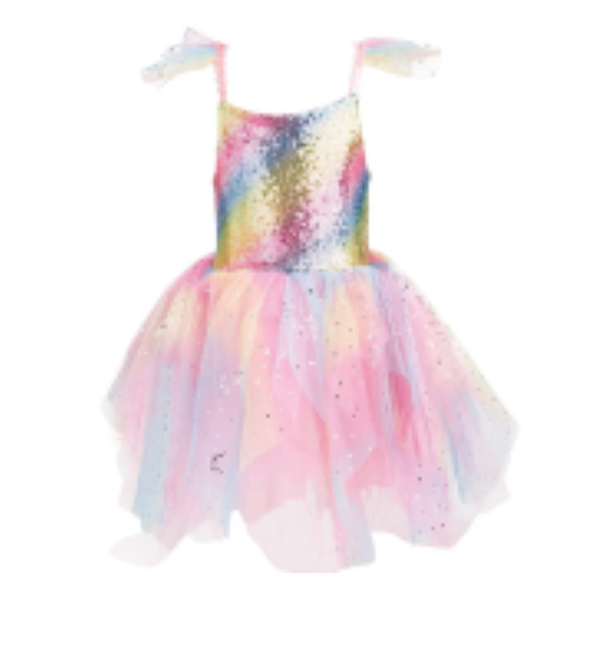 The Rainbow Fairy Dress & Wings by Great Pretenders is crafted with shimmery organza in rainbow hues with sparkles, featuring a tulle skirt and delicate shoulder straps—perfect for transforming any day into a fairy dream.