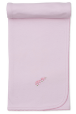The Kissy Kissy Premier Elephant Esprit Blanket with Hand Emb. is a light pink Pima cotton baby blanket, featuring scalloped edges, delicate hand-embroidered pink elephants in one corner, and comes rolled at the top.