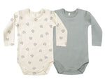 Quincy Mae Baby Jersey Bodysuit 2-Pack: includes one cream with bear faces and one solid light gray, both in soft organic brushed jersey with snap bottoms and a shoulder button for easy changes.