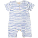 The Timo & Violet Baby Walker Terry Onesie features blue stripes, front buttons, and snap leg closures—an adorable, eco-friendly short-sleeved organic cotton romper for babies. Pictured laid flat on a white background.