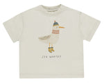 The Rylee & Cru Baby Boys' & Boys' Relaxed Tee is a beige, soft cotton jersey basic featuring a bird in a hat, scarf, and boots with "SEA WORTHY" printed underneath; available in baby sizes.